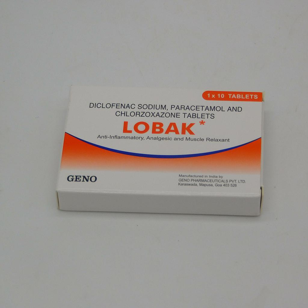 Diclofenac/Paracetamol/Chlorzoxazone 50/325/250mg Tablets (Lobak)