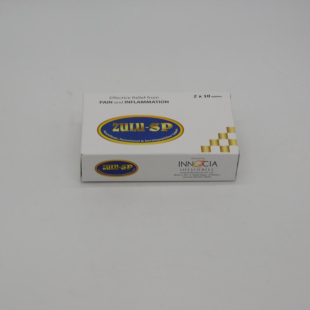 Aceclofenac/Paracetamol/Serratiopeptidase 100/500/15mg Tablets (Zulu SP)