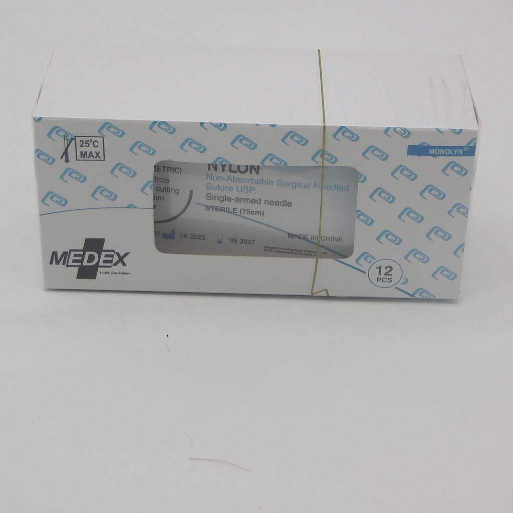 Nylon Surgical Sutures 40mm with Single Needle 75cm Size 2/0 Reverse Cutting (Medex)