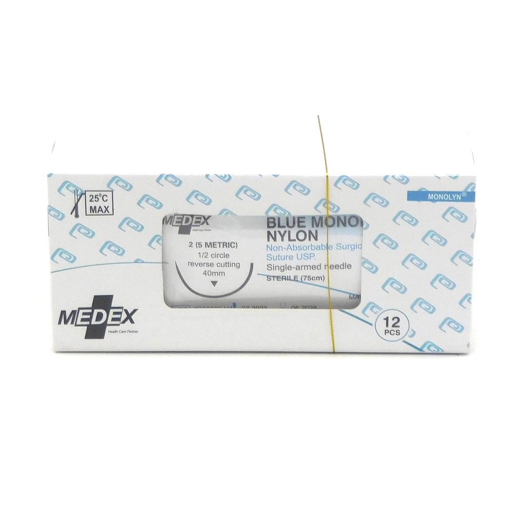 Nylon Surgical Sutures 40mm with Single Needle 75cm Size 2 Reverse Cutting (Medex)